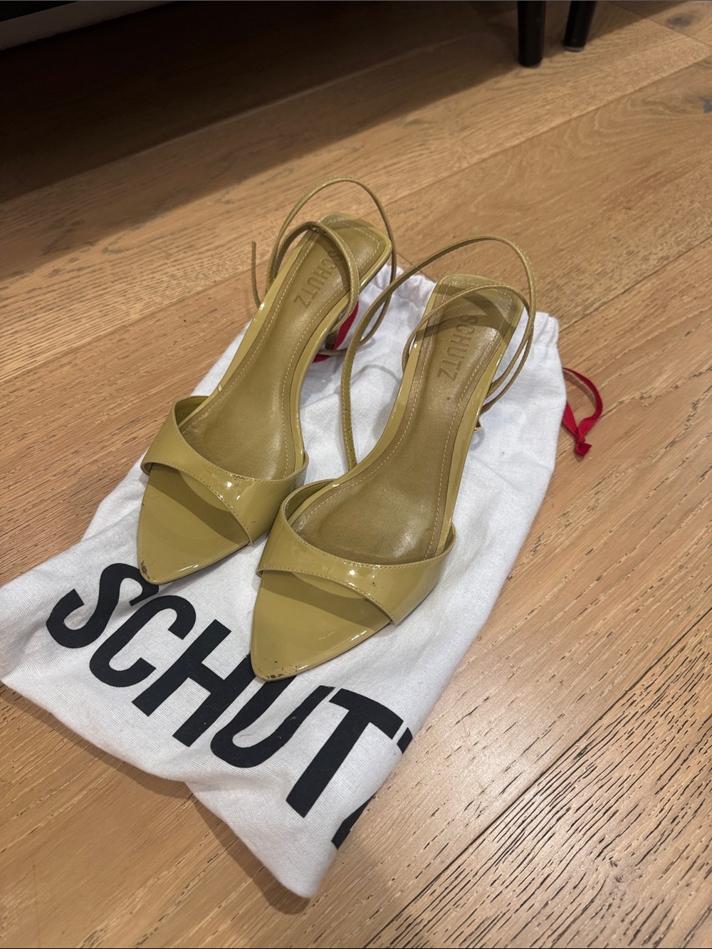 SCHUTZ Olive Patent Leather Pointed Slingback Heels